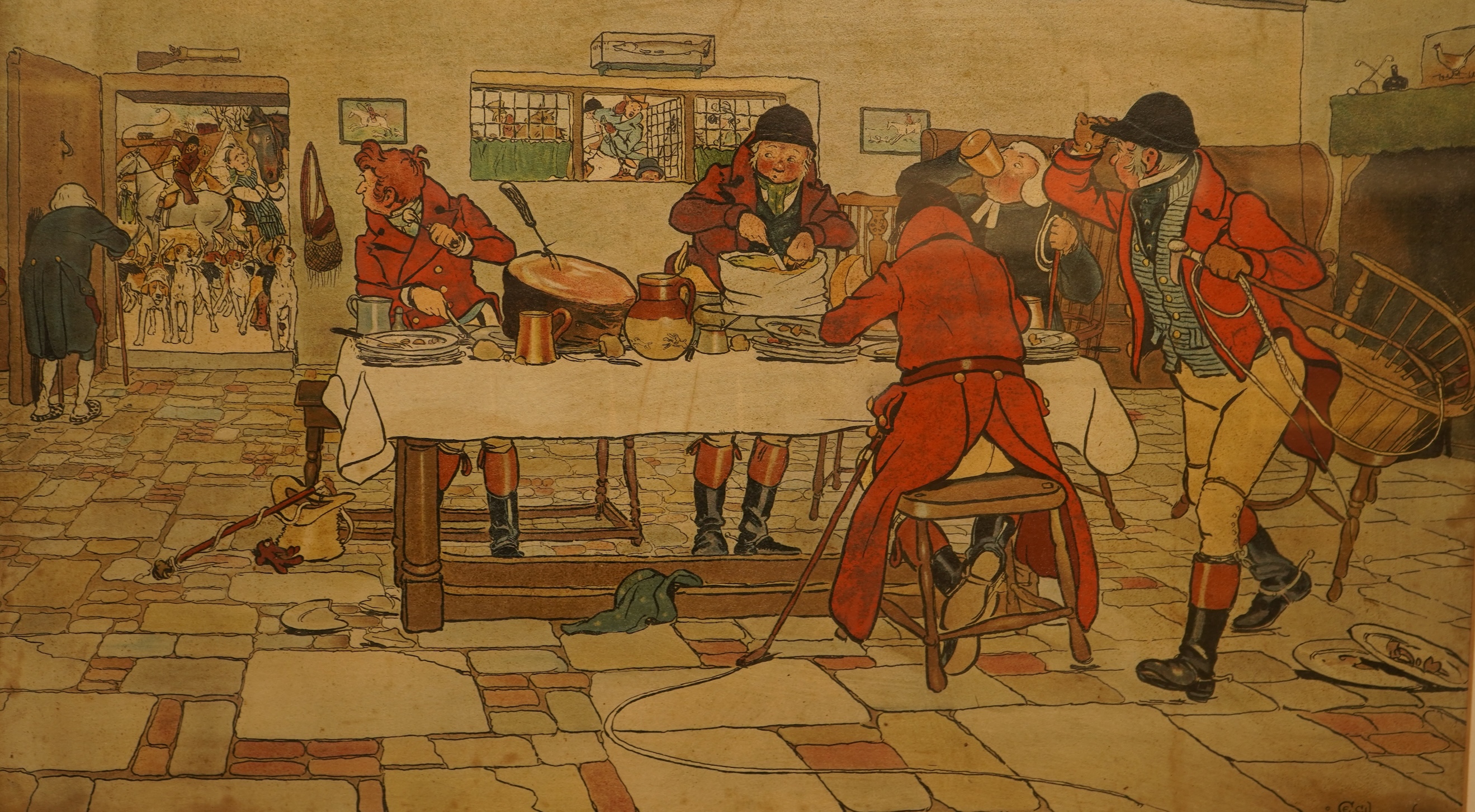 After Cecil Aldin (1870-1935), set of six colour hunting interest prints, to include 'Breaking cover', 'The Breakfast' and 'Full Cry', 37 x 60cm